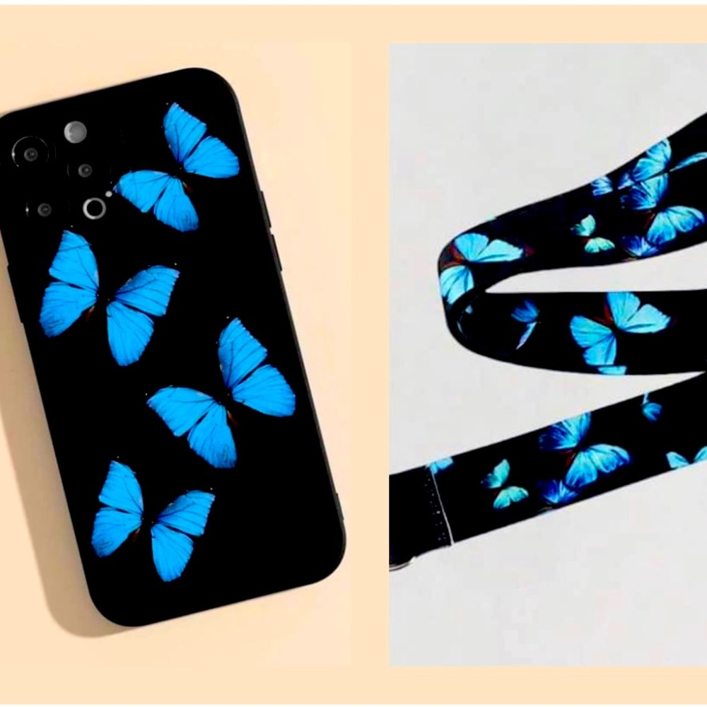 iPhone 12 case with matching butterfly landyard/keychain.